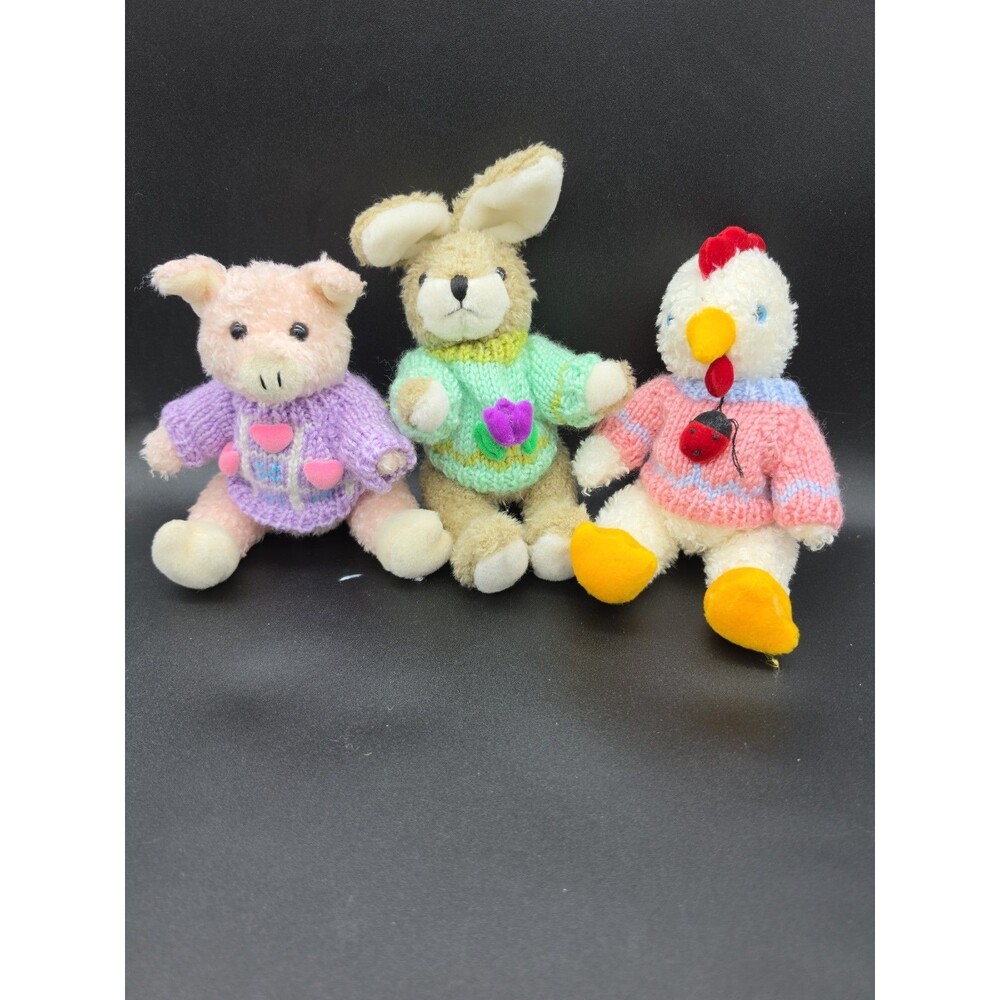 Vtg 1999 Hugfun Int'l Farm Animals Knit Sweaters 3pc Bundle Pig Bunny Chicken